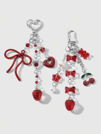 Kawaii 1 Stück koreanischer Stil elegante und schicke Silberkette Schleifenanhänger aus Acryl und Harz mit Erdbeere/Kirsche, modisches Accessoire Geschenk für Frauen und Mädchen, Alltagsgebrauch