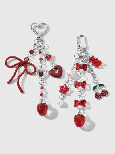 Kawaii 1 pieza Llavero colgante de fresa/cereza de estilo coreano elegante y chic con cadena de plata, lazo de acrílico y resina, accesorio de moda como regalo para mujeres y niñas, para uso diario