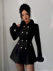 SHEIN Elenzya Elegant Women's Casual Commuter Jacket, Apricot Faux Fur Collar Long Sleeve A-Line Design With Double-Breasted Butterfly Pocket Flap, Suitable For Business Meetings, Weddings, Galas, Commuting, Graduations, Holidays, Dates, Parties - Black - View 6