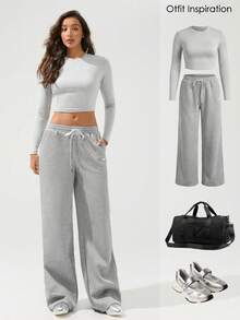 Menodora SHEIN Sport Women's Wide Leg Sporty Sweatpants, Soft Stretchy Fleece Fabric, Adjustable Printed Drawstring Waist, Deep Side Pockets, Relaxed Fit For Casual Comfort And Easy Movement - Grey - View 7