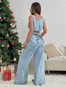 Sweetra Women's Fashionable Casual Denim Outfit - Blue - View 6