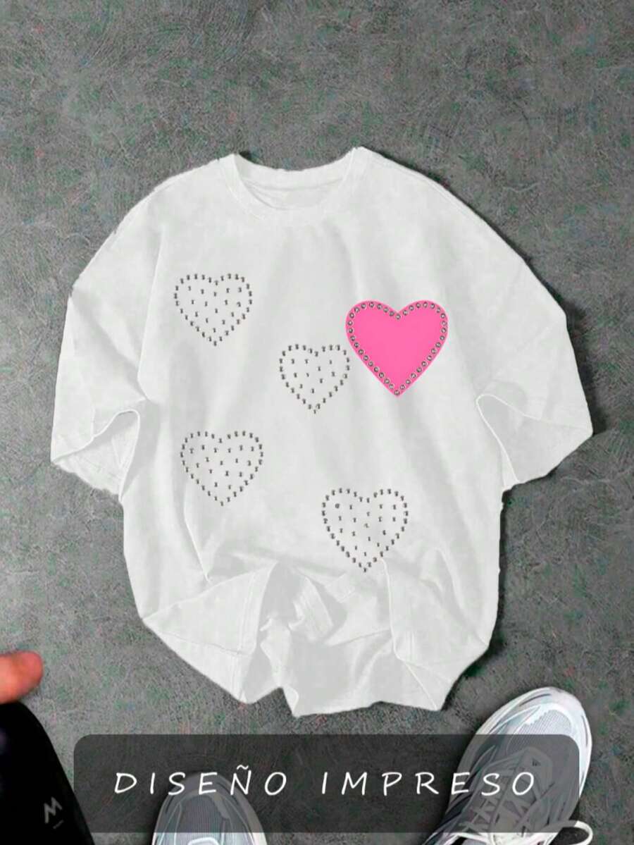 Playera Estampada de Mujer con Corazones Aperlados Modernos y Brillantes, estilo Juvenil Casual Playero Californiano - Blanco - Ver 1