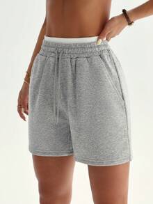 Dewbera 女士运动瑜伽户外健身休闲阔腿短裤，腰部拼接撞色抽绳基础款 - 灰色 - 查看 3