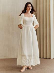 Anewsta Wedding/Party/Birthday/Vacation Embroidered Square Neck Waist Fit & Flare Dress For Women - Apricot - View 5