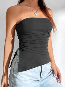 Comfortcana 純色褶皺分割無肩帶上衣 - 深灰色 - 查看 6