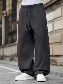 Manfinity EMRG Men's Solid Color Drawstring Waist Pockets Wide Leg Loose Casual Sweatpants - Dark Grey - View 3