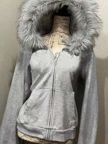 Glimmora Women's Solid Color Drop Shoulder Long Sleeve Zipper Front Pocket Casual Fleece Sweatshirt - Grey - View 3