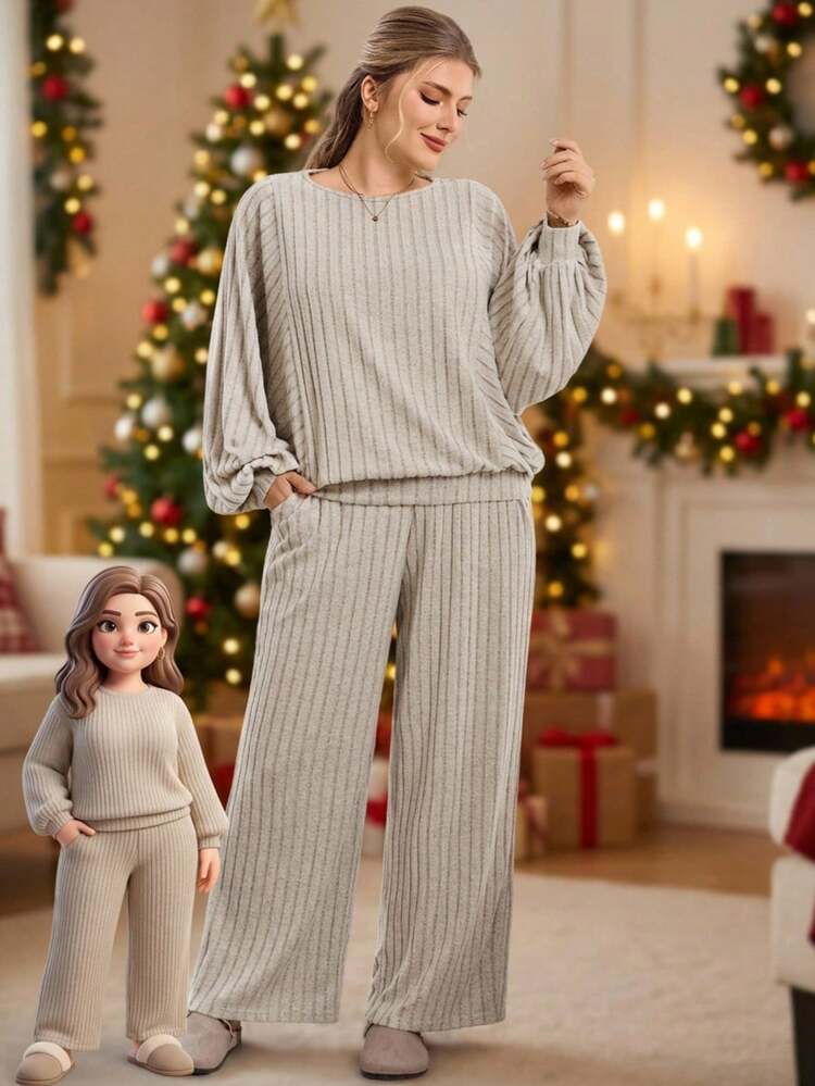 Plus Size Round Neck Lantern Sleeve Loose Ribbed 2 Pieces Set Winter Outfit For Women Christmas Outfit For Women New Year Clothes Woman Lounge Sets Lounge Sets Woman  Professional Clothes Women Sets Valentine's Day, Mother Clothing, Comfortable And Casual Two Piece Set Women Comfy Comfortable Two Piece Set Spring Break Outfits