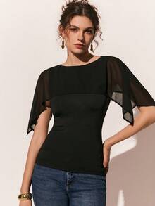 Poéselle 女士纯色圆领网纱拼接修身时尚衬衫 - 黑色 - 查看 6