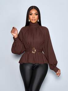 SOLERSUN 性感优雅通勤印花棕色秋冬女装长袖优雅休闲棕色性感优雅通勤印花棕色秋冬女装长袖优雅休闲棕色收腰金属配饰 - 咖啡棕 - 查看 6