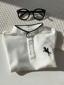 SHEIN Baby BoyCasual Cute Versatile White Collar Short Sleeve Polo Shirt(Excluding Pants), Suitable For Birthday Party, Evening Party, Performance, Wedding, Baby Shower, One-Month Celebration, One-Year-Old Celebration, Daily Outings, Indoor Activities, And School Baby Boy Clothes Polo - White - View 7