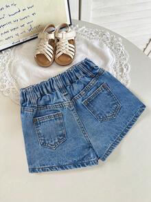 SHEIN Young Girl Asymmetric Waist Casual Versatile Denim Skort - Medium Wash - View 2