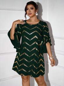 SHEIN Clasi 大码女士优雅荷叶袖宽松连衣裙，适合派对、春秋季穿着 - 墨綠色 - 查看 7