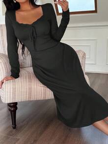 SHEIN 优雅女士针织纹理蝴蝶结蕾丝拼接长袖修身睡裙 - 黑色 - 查看 5