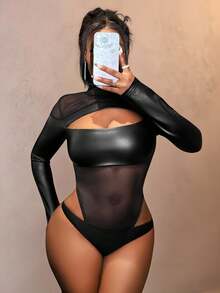 Slaydiva New Spring/Summer Music Festival Valentine's Day Casual Simple Basic Style Y2K Street Sweet Internet Celebrity Bestsellers Daily Date Hot Girl Style Sexy Casual Basic Style Small Stand-Up Collar Long-Sleeved, Cut-Out Front Chest See-Through Mesh Patchwork PU Jumpsuit - Black - View 9