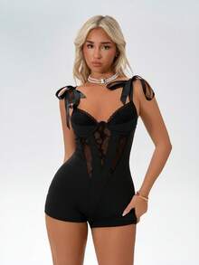 Amplova Bộ đồ liền thân không tay ôm vừa vặn gợi cảm phối ren vá nơ màu trơn dành cho nữ - màu đen - Xem 7