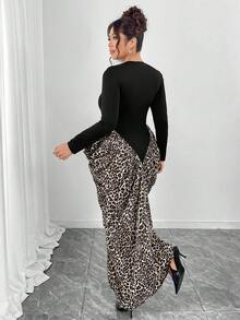Elenzga Plus Size High Neck Long Sleeve Wrap Waist V-Cut Leopard Print Pleated Fishtail Dress, Elegant For Outings, Parties, Dates, And Formal Events - Multicolor - View 2