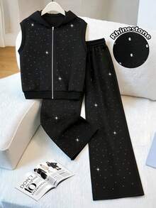 GlowEve CURVE Bộ đồ thể thao cỡ lớn dành cho nữ Regalyn gồm áo không tay có mũ đính đá và quần ống rộng cạp cao có dây rút, kiểu dáng suông, gồm 2 món, thích hợp cho mùa thu. - màu đen - Xem 3