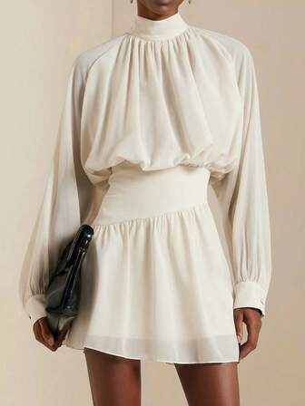 SHEIN Veneréa Autumn New Ruffled Hem Printed Long Sleeve Waist Cinched Mini Dress