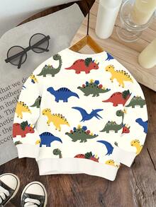 SHEIN 年轻男孩休闲简约卡通恐龙印花宽松圆领舒适针织长袖运动衫，适合秋冬季