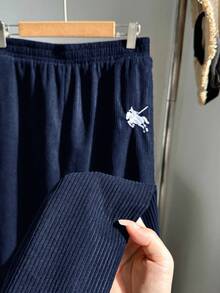 SHEIN EZwear 藏蓝色加大码刺绣灯芯绒休闲裤，带口袋，秋冬款 - 藏蓝色 - 查看 5