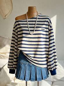 SHEIN Unity Women's Asymmetrical Shoulder Loose Long Sleeve Striped Sweatshirt, Vintage College Style, Casual Everyday Wear, Comfortable & Minimalist, Suitable For Airport, Lazy Days Autumn Winter Clothes For Women - Multicolor - View 2