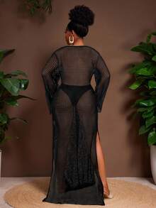 Veslaya Đầm dệt kim gợi cảm cổ chữ V khoét sâu màu trơn dành cho nữ cỡ lớn - màu đen - Xem 2