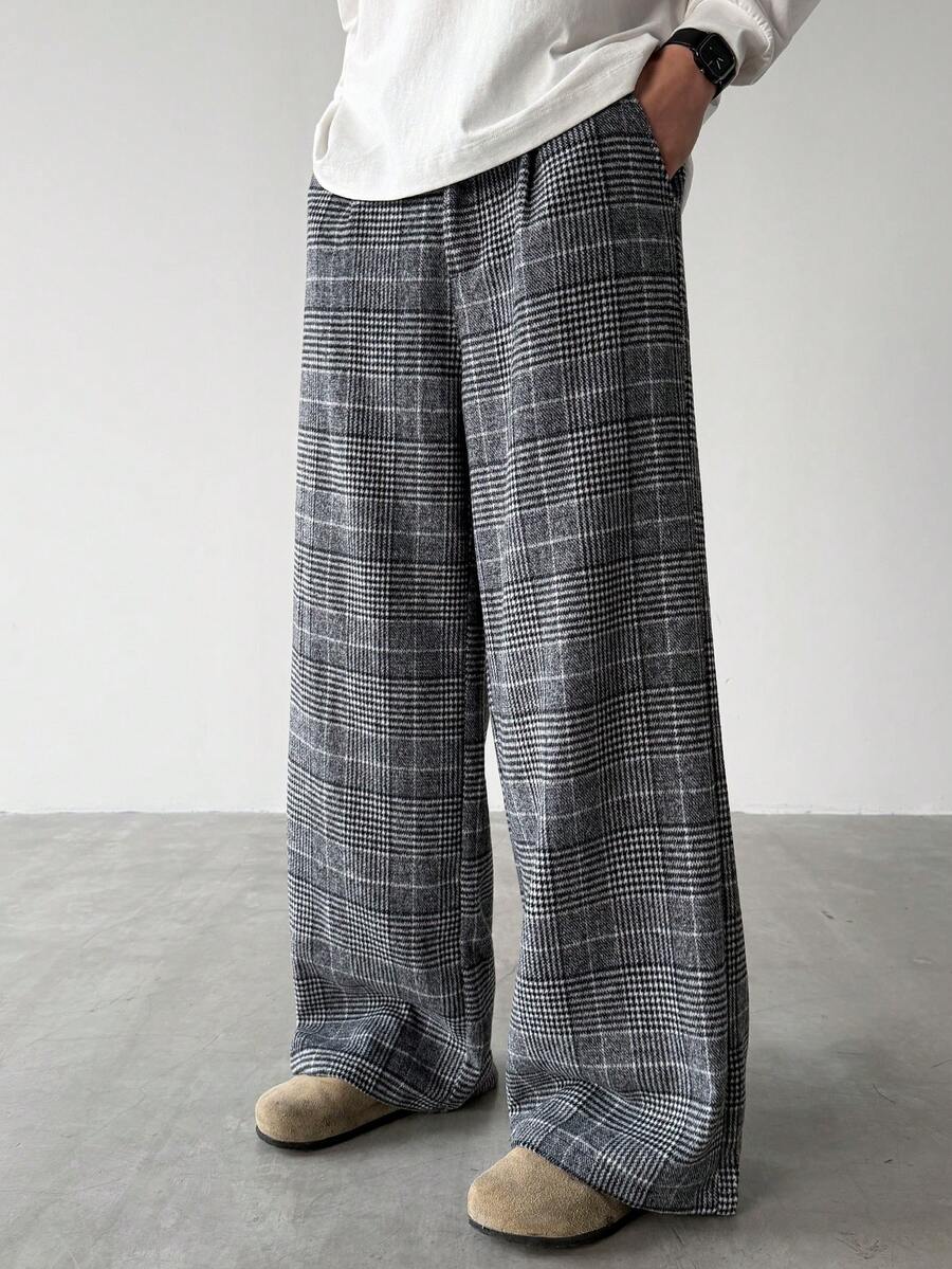 Manfinity Hypemode 男士千鸟格褶裥口袋阔腿宽松休闲裤 - 淺灰色 - 查看 1