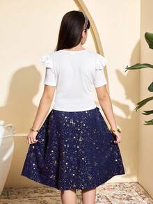 Set de 2 piezas para niñas preadolescentes: Blusa de cuello redondo y mangas acampanadas con estampado de estrellas y lunas + Falda acampanada de cintura elástica con estampado de estrellas, para verano