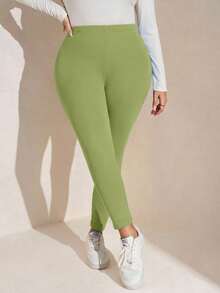 SHEIN LUNE Plus Size Women Solid Color Elastic Waist Casual Thermal Lined Leggings Knit Pants Green Pants For Women Lime Green Pants Green Clothes Green Leggings Women - Olive Green - View 5