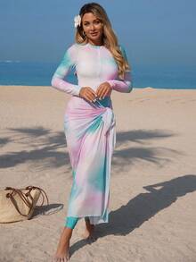 Swim Mulvari Bộ đồ bơi 3 mảnh in họa tiết nhiều màu phong cách Trung Đông mới dành cho nữ kèm quần dài và váy maxi lưới, thời trang giản dị, bảo thủ, bán chạy tại khu nghỉ dưỡng bãi biển - Nhiều màu - Xem 5