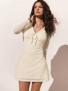 Poéselle 女士V领前系带长袖时尚迷你连衣裙 - 白色 - 查看 6