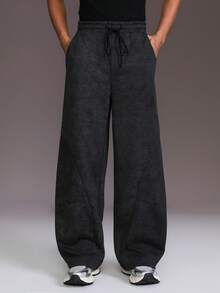 STYNVO 男士抽绳腰带口袋阔腿宽松休闲运动裤黑色宽松裤男士亚麻裤男士黑色宽松裤男士宽松服装 - 黑色 - 查看 6