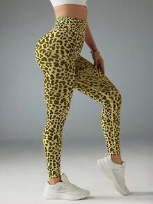 Slayform 女士豹纹高腰无缝弹力运动紧身裤 - 黃色 - 查看 3