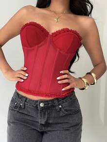 Aloruh Áo croptop quây màu trơn có bèo nhún dành cho nữ, thời trang và gợi cảm cho ngày Valentine, đi biển, du lịch, phong cách Y2K màu đỏ, áo dành cho nữ sinh đi học, dự tiệc. - Đỏ - Xem 6