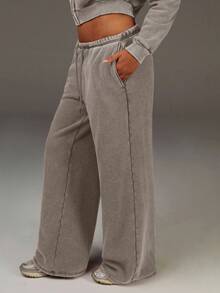 Women's Drawstring Waist Pockets Wide Leg Loose Sweatpants - Light Grey - View 3