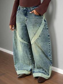 Truni Damen Große Größen Lässig Loose Weite Bein Knopf Taschen Jeans/2026/Neujahr - Blau - Übersicht 7