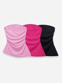 Comfortcana 3pcs Women Plain Minimalist Ruched Slim Fit Casual Tube Top Set - Multicolor - View 2