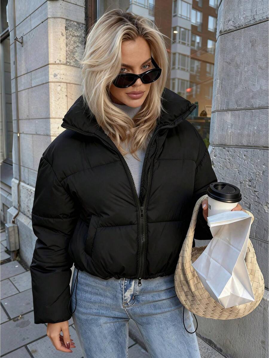 Ciel Poise 冬季休闲纯色连帽棉服外套 - 黑色 - 查看 1