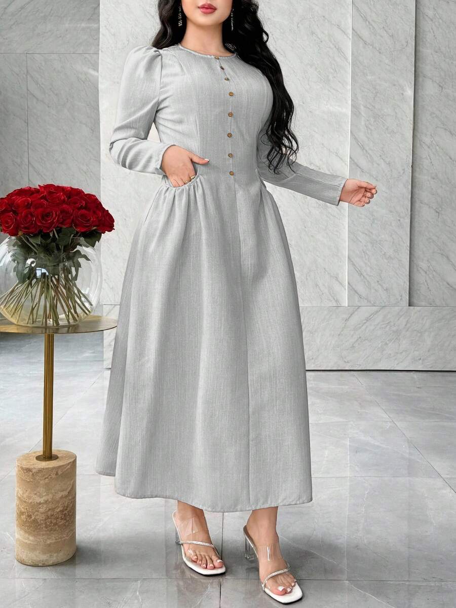 Feyla 女士圆领泡泡袖法式高端简约腰袋修身连衣裙 - 灰色 - 查看 1