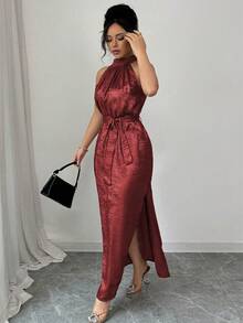 Elenzga Vestido de verano sin mangas con abertura lateral y cuello halter de tejido con lámina - Rojo - Ver 4