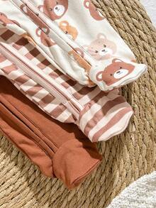 Loomiva Newborn Baby Boy 3 Packs Bear & Striped Pattern Round Neck Long Sleeve Zip Front Soft & Cozy Footie Jumpsuits - Multicolor - View 3