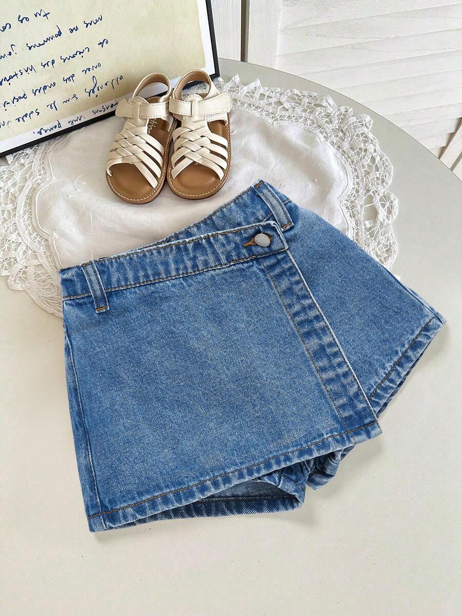 SHEIN Young Girl Asymmetric Waist Casual Versatile Denim Skort - Medium Wash - View 1