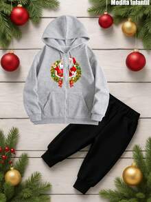 KID010|Navidad|2 piezas Chaquetas y pantalones para niños|Conjunto de ropa infantil navideño con capucha gris y pantalones negros, decorado con Santa Claus y ramillete de flores - Gris - Ver 1