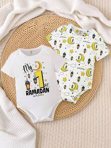 SHEIN Baby Boy Letter Print Round Neck Short Sleeve Casual Bodysuit - Multicolor - View 5