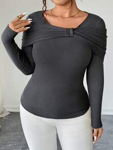 Elenzga Plus Size Women Bow Decor Ribbed Long Sleeve Top - Dark Grey - View 5