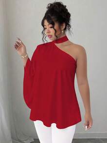 SHEIN Elenzya 大码女式斜肩系带纯色衬衫 - 紅色 - 查看 3