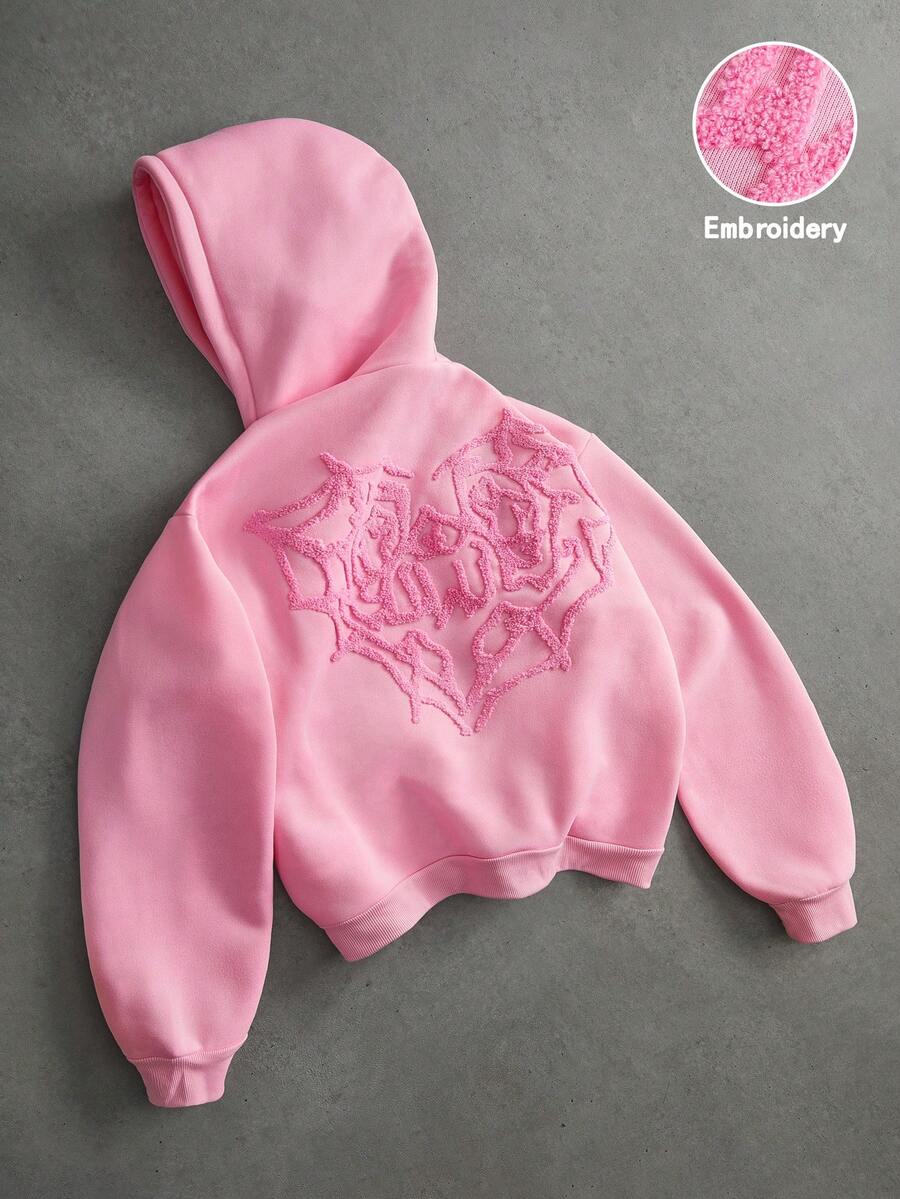 PAVTROS Men's Street-Style Popular Spider Web & Heart 3D Embroidery "LOVE" 3D Embroidery Hoodie, Suitable For Outdoor Music Festivals, Daily Outings, Hangouts With Friends, Gifts For Boyfriend/Husband, Anniversary Gifts, Pink - Pink - View 1