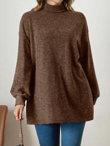 Zelara Plus Size Women Solid Color Dropped Shoulder High Neck Long Sleeve Casual T-Shirt, Knitted Texture - Brown - View 3