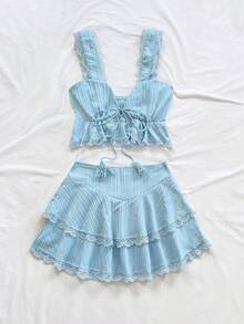 Soleia 女士度假两件套：编织波浪纹理宽肩带背心，搭配荷叶边和抽绳流苏，搭配双荷叶边蕾丝下摆迷你裙。适合派对、情人节、约会、城市街头、度假、下午茶 - 淺藍色 - 查看 4